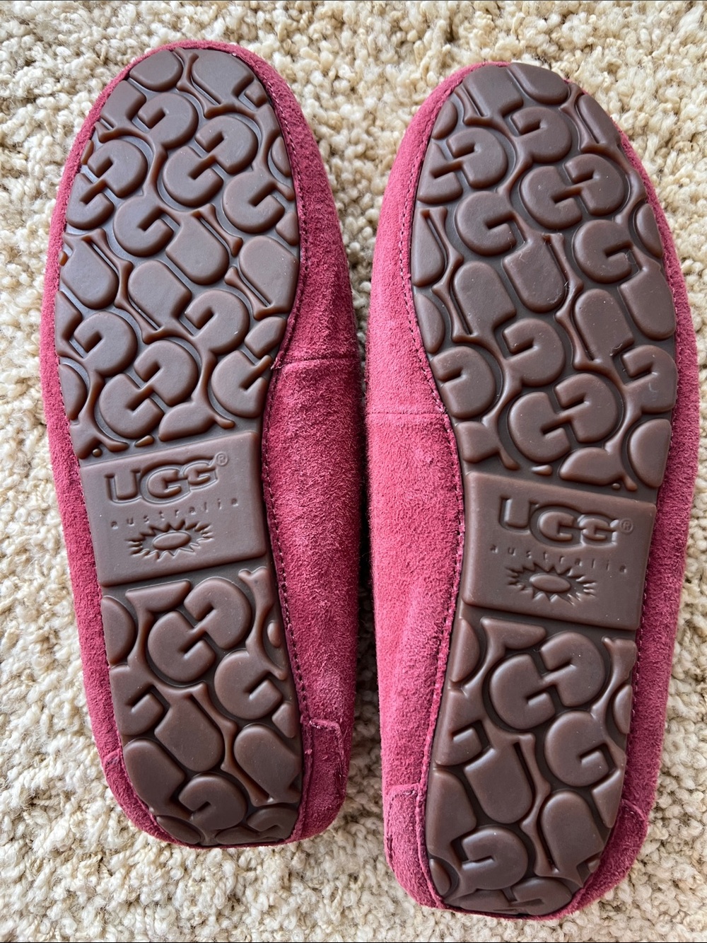 UGG Australia Women’s Burgundy Suede Shearling-Lined Moccasin Slippers - Picture 2 of 11
